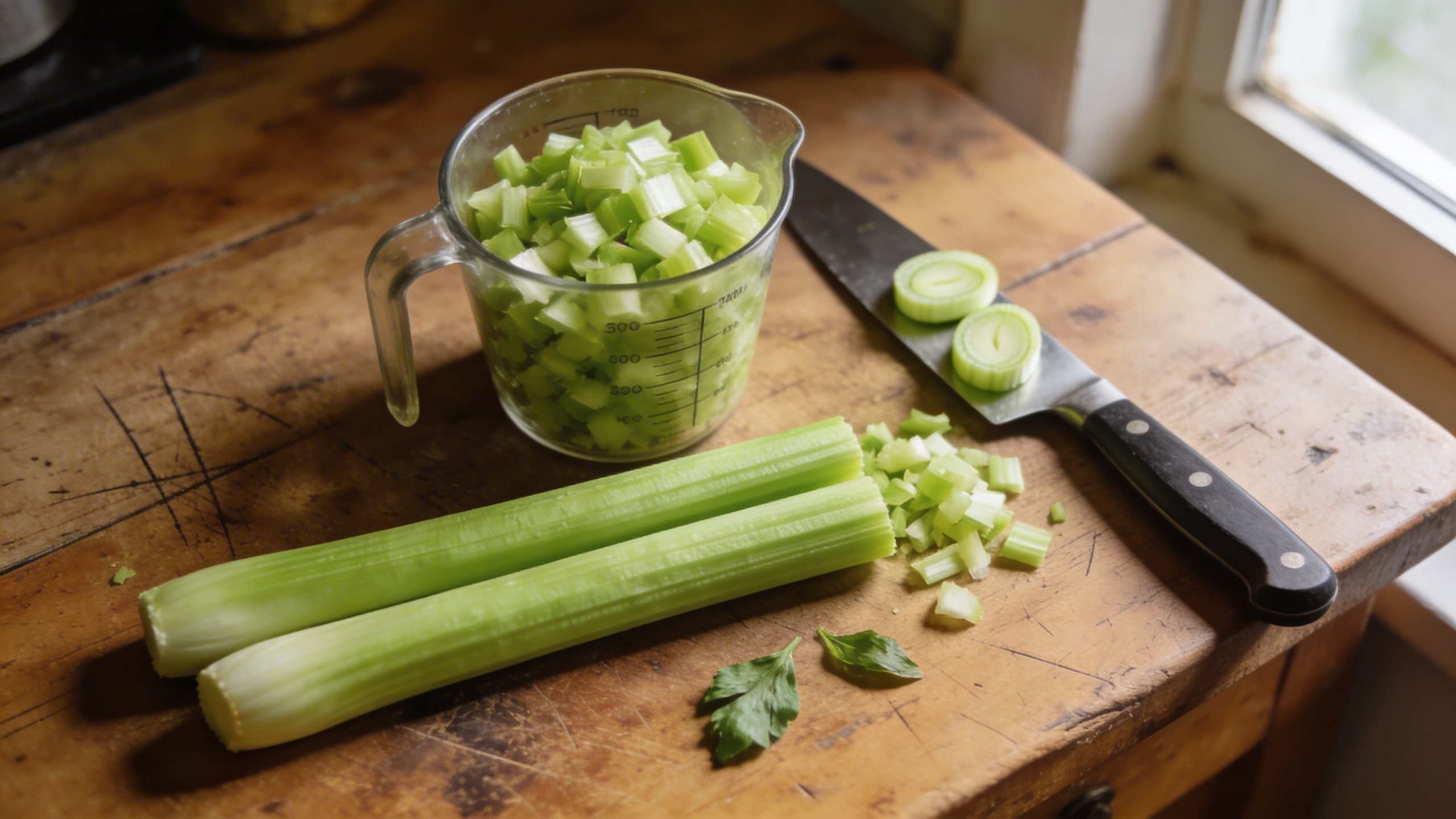 Two celery stalks next to a measuring cup filled with chopped celery on a wooden kitchen counter