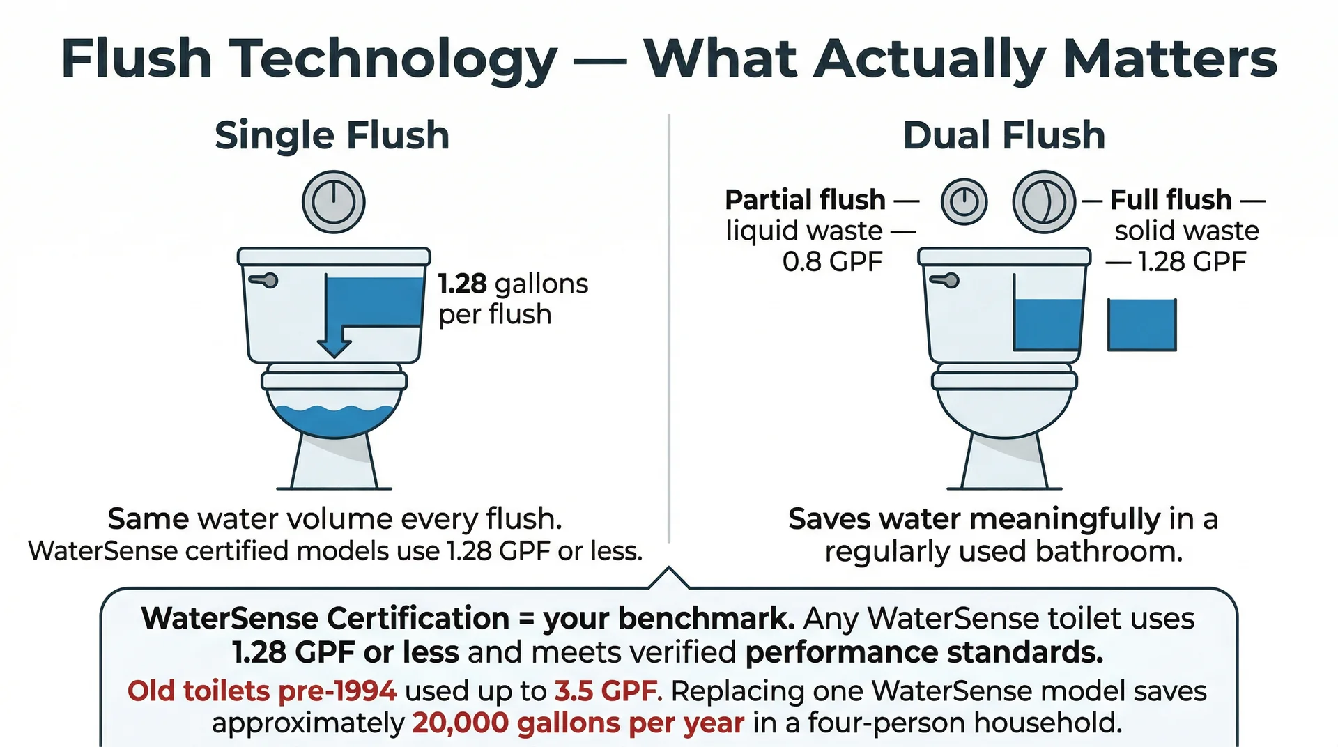 Two-panel diagram comparing single flush and dual flush toilet technology with GPF rates and WaterSense certification explained
