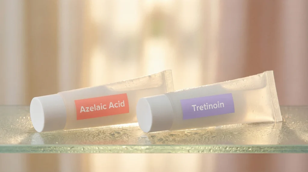 Two skincare tubes — azelaic acid and tretinoin — backlit on a dewy glass surface