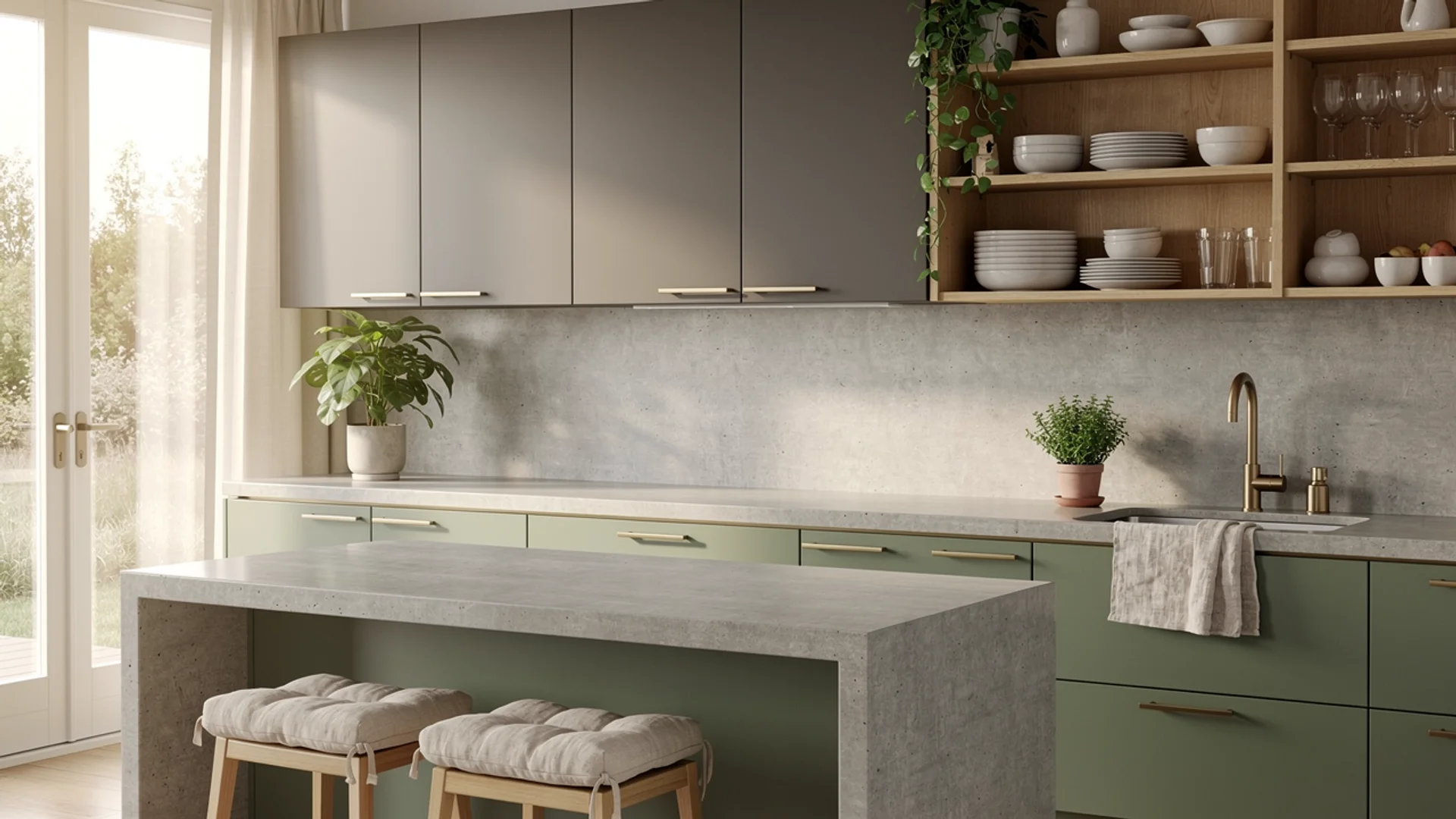 Two-tone kitchen with warm grey upper cabinets, sage green lowers, brass hardware and indoor plants