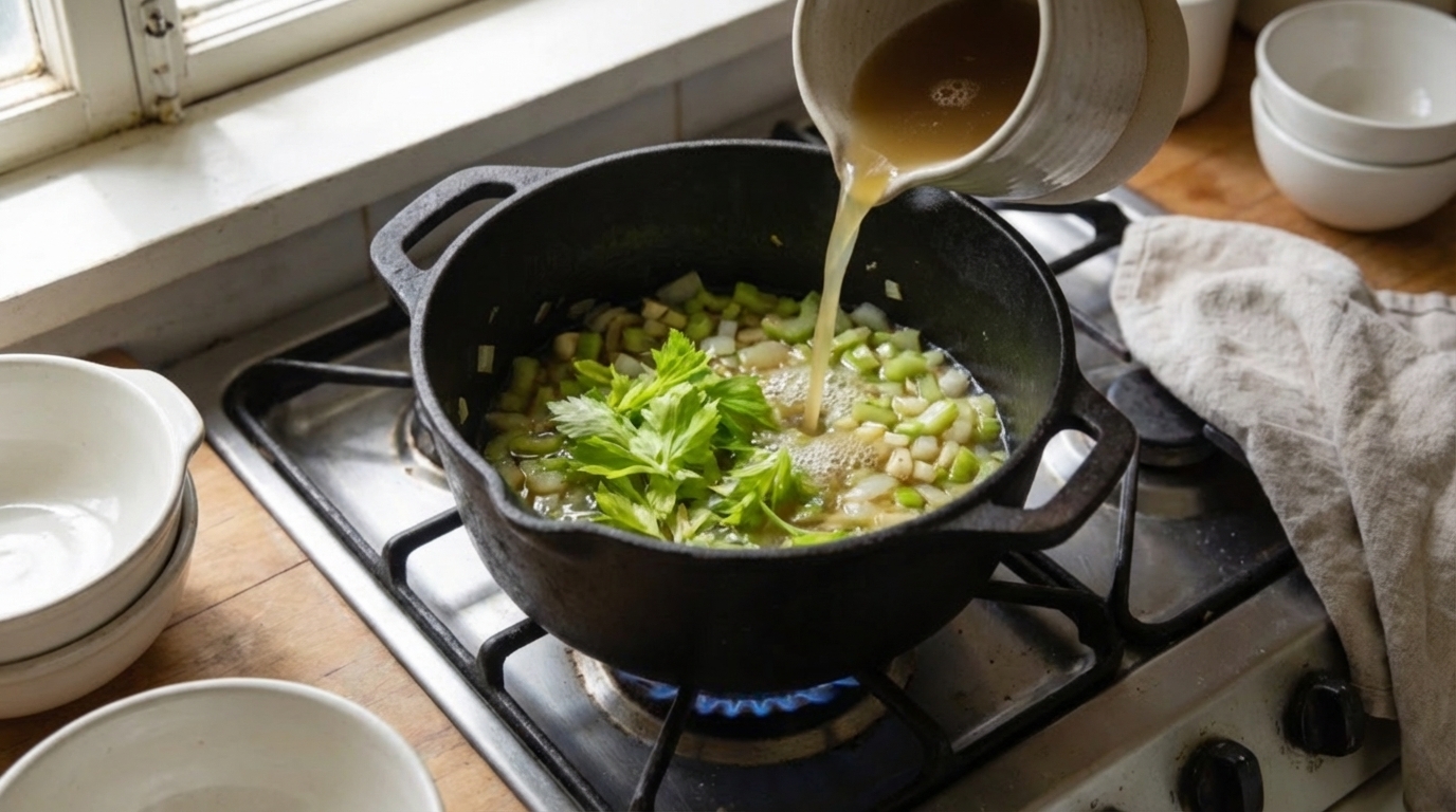 Vegetable broth poured into celery and onion mixture simmering in a Dutch oven