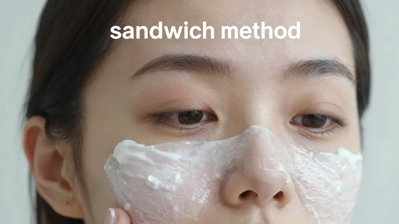 Visual diagram of the tretinoin sandwich method showing moisturizer applied before and after tretinoin to reduce irritation