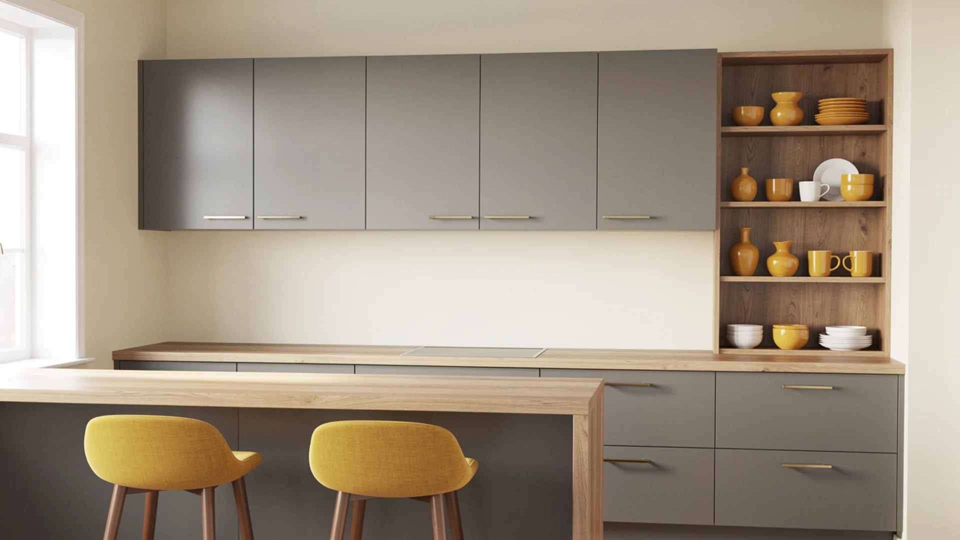Warm grey kitchen with cream walls, natural wood countertop and mustard yellow bar stools