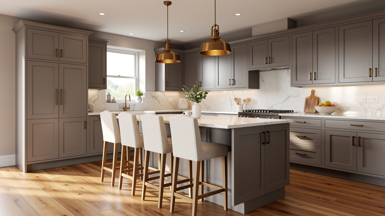  Warm grey kitchen with greige walls, quartz countertops, warm wood flooring and linen bar stools