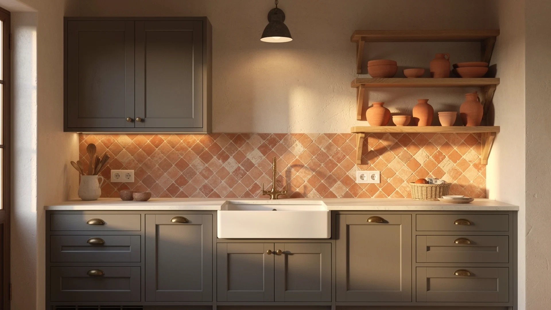  Warm grey kitchen with terracotta zellige backsplash, cream walls, aged brass hardware and wood shelving