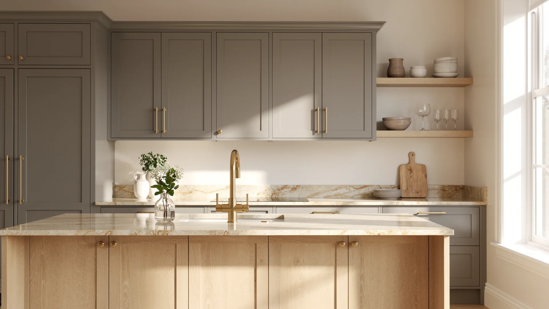 Warm grey kitchen with unlacquered brass cabinet pulls, faucet and stone countertop with warm veining