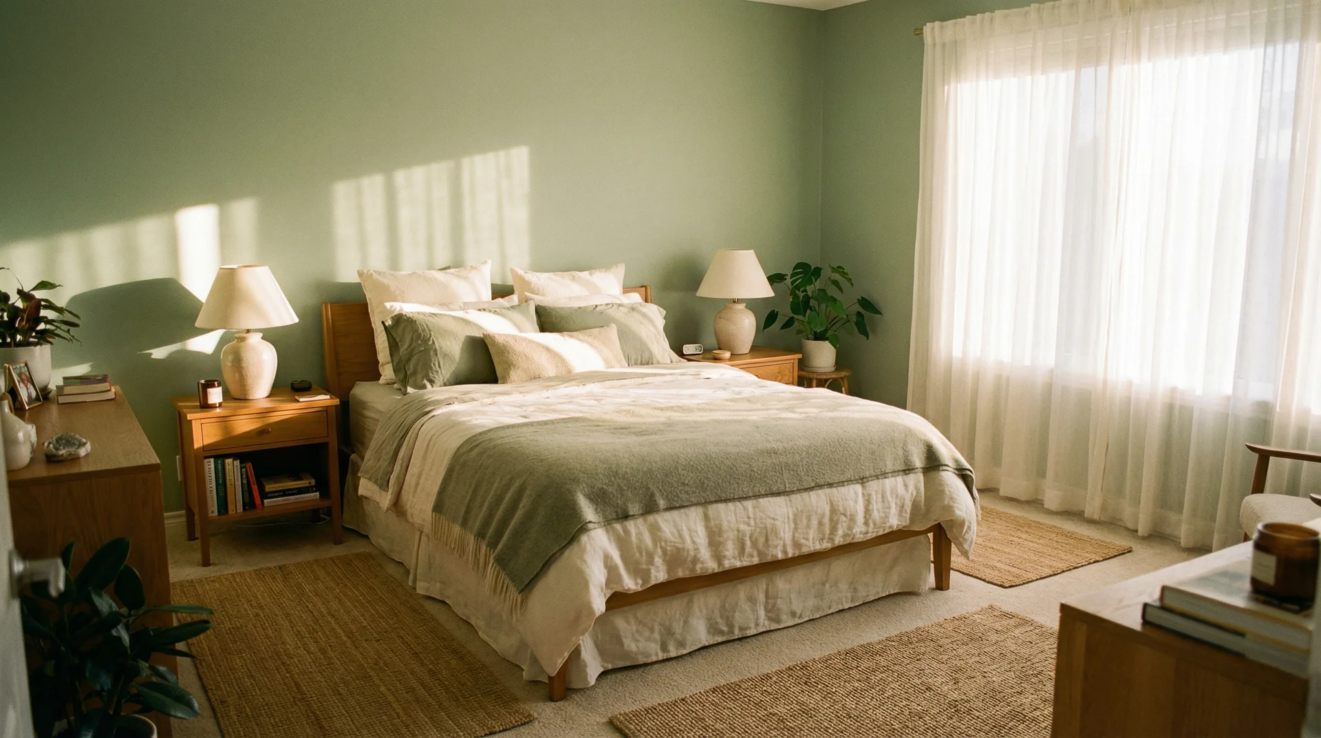 Well-arranged bedroom with bed on commanding position wall, clear walkways, and warm morning light