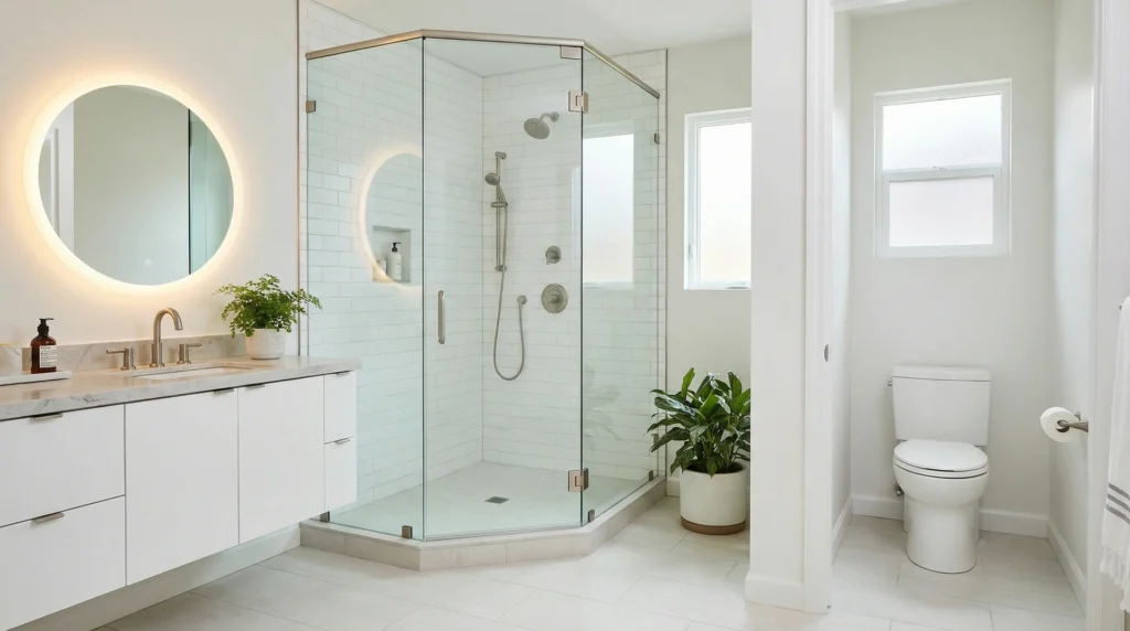 Well-designed 3/4 bathroom with frameless glass shower, floating vanity, and two-piece toilet — no bathtub