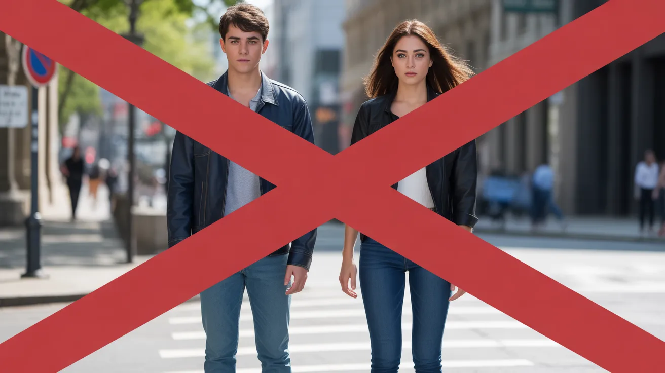 Male and female young adults wearing tight skinny jeans standing on an urban street, with a bold red X overlay symbolizing Gen Z rejecting the skinny jeans trend.