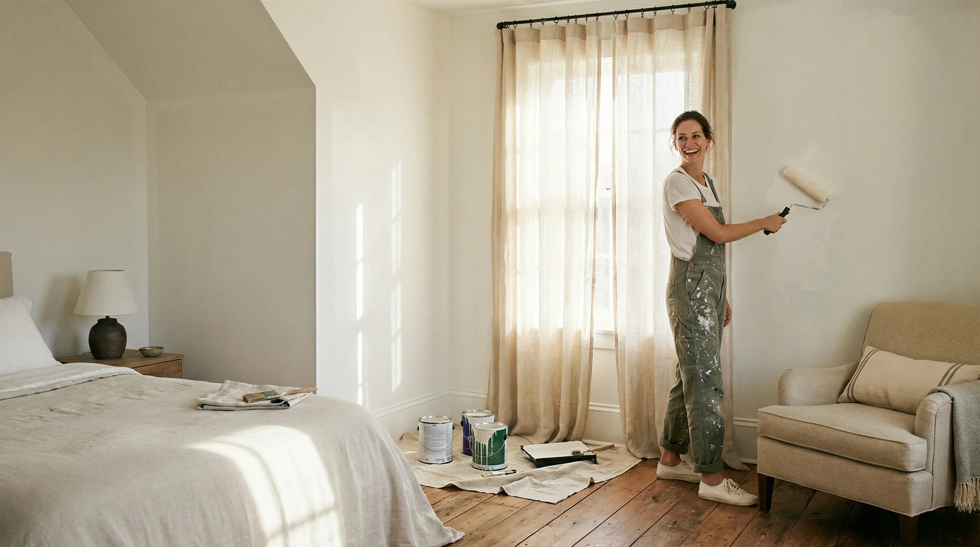 Woman painting a bedroom wall with a roller in a bright, freshly renovated room