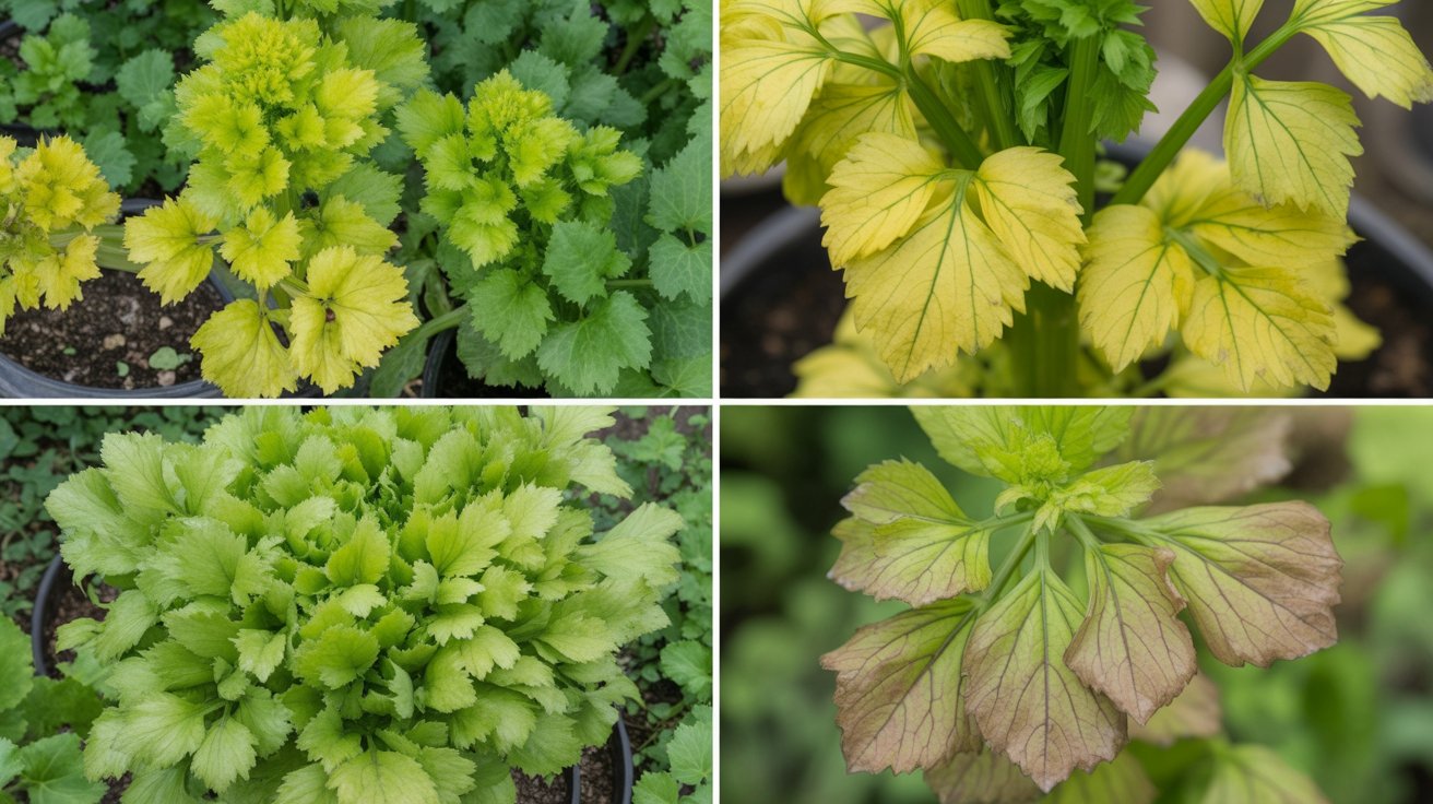 Four-panel close-up grid showing distinct celery leaf yellowing patterns including uniform lower leaf yellowing, interveinal yellowing on new leaves, overall pale coloring, and brown curling leaf edges for nutrient deficiency identification.