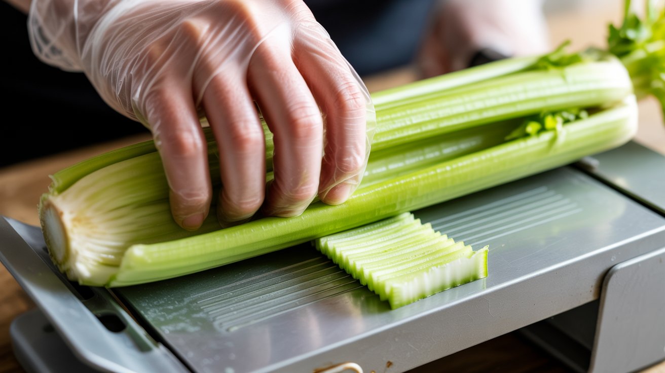 A gloved hand running a celery rib lengthwise across a mandoline slicer to produce paper-thin shaved celery slices showing the correct safety technique with a cut-resistant glove.