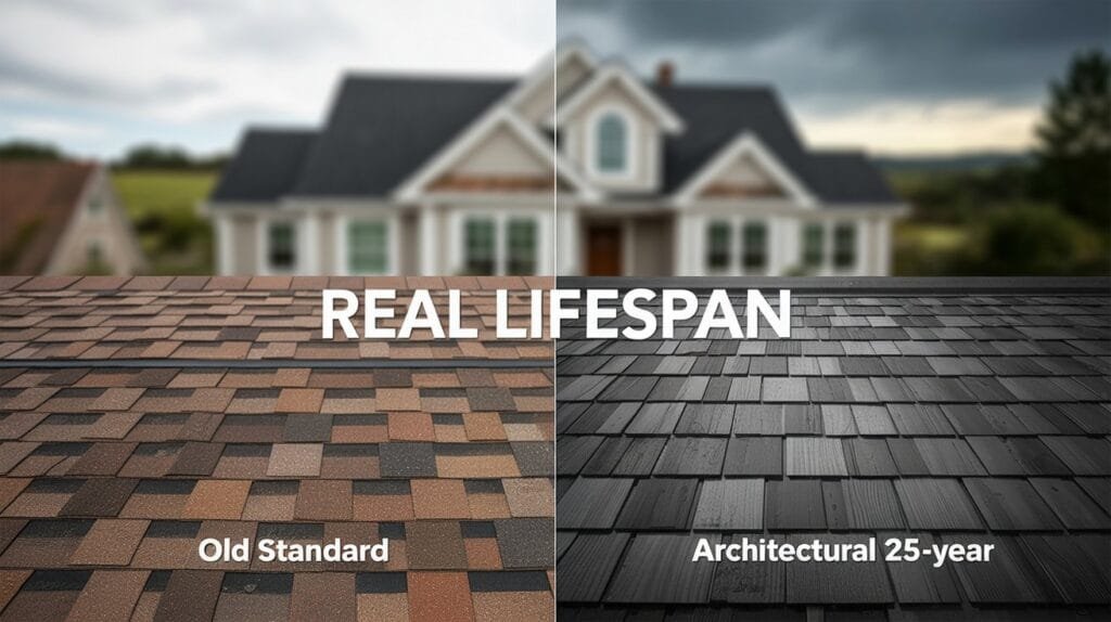 A close-up comparison showing the texture and thickness difference between a standard shingle and a durable architectural shingle, with a home in the background.
