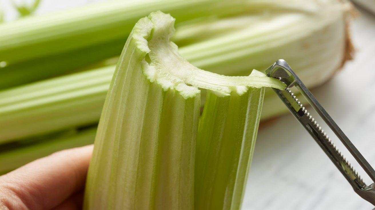 Hands washing a single celery rib under running water, cleaning the inner concave face before chopping.