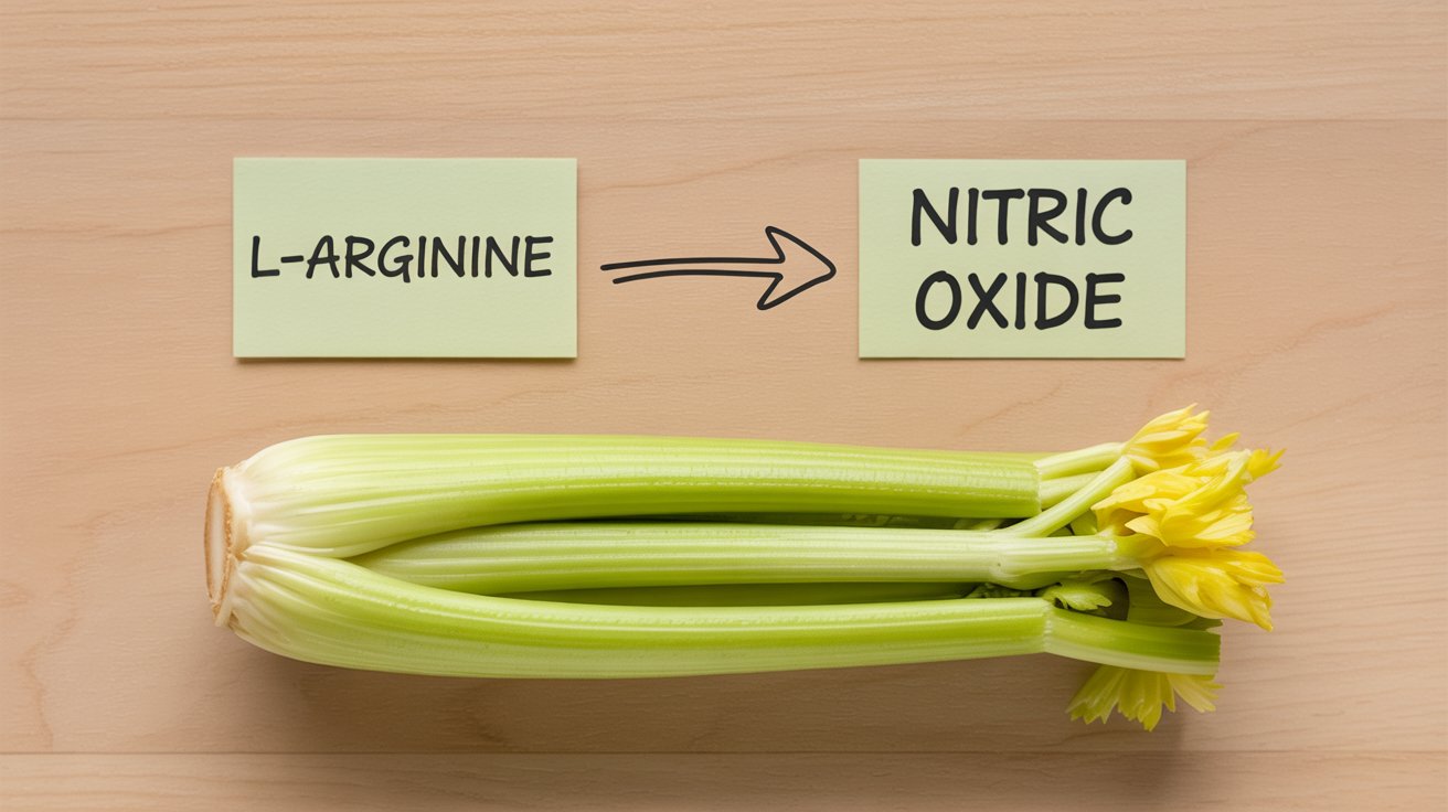 Sliced celery on a wooden surface with L-arginine and nitric oxide labels connected by an arrow, illustrating the conversion pathway that supports blood flow and sexual function.
