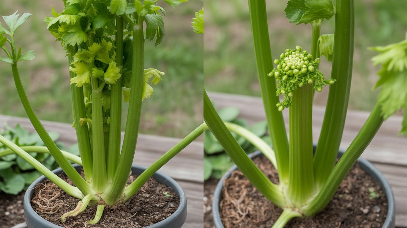 Split image of a container celery plant showing early bolting with a central stalk beginning to elongate on the left and advanced bolting with a visible flower bud forming on the right.