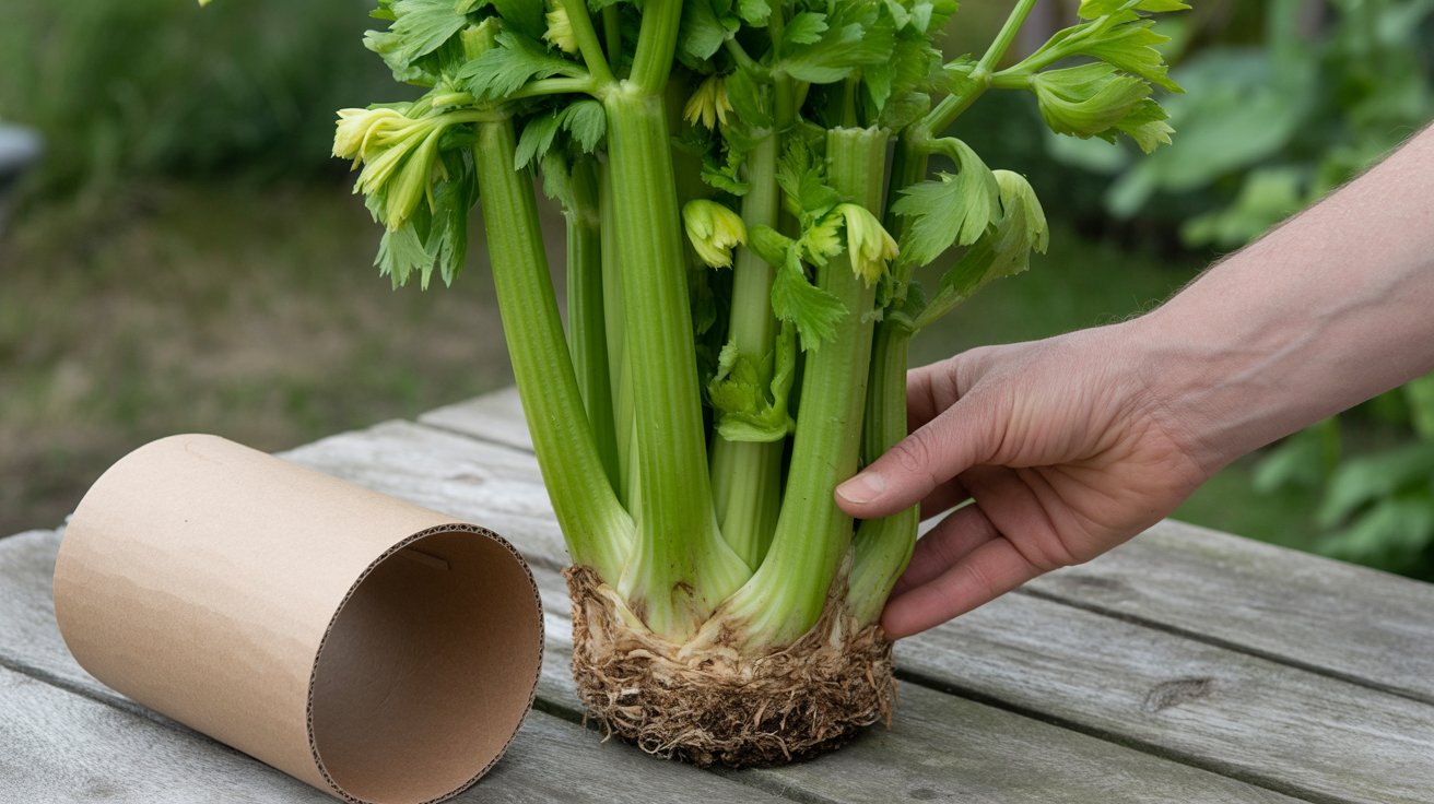 A hand gathering celery stalks together in a container beside a cardboard sleeve ready to apply for blanching, showing the preparation stage before light is blocked from the stalks.