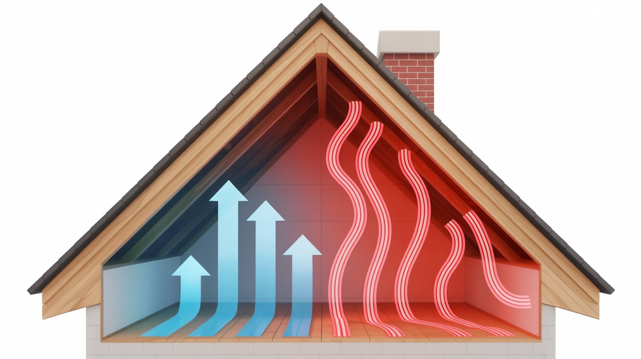 Diagram of a house attic showing cool air entering soffit vents and hot air escaping ridge vents to prevent roof damage.