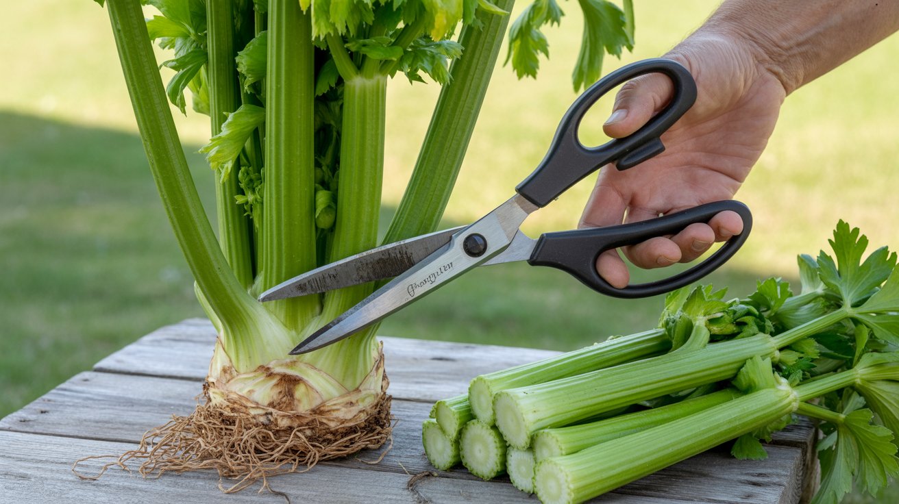 A hand using garden scissors to cut the outermost celery stalk at the base of the plant close to the crown while the inner younger stalks remain untouched in the center of the container.