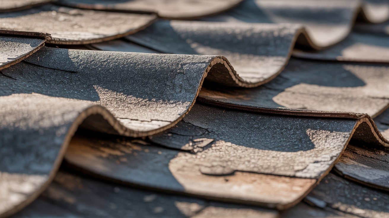 Close-up of damaged roof shingles curling up at the edges, indicating the binders have dried out and replacement is needed.