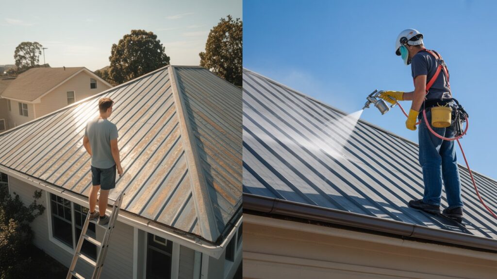 Split-screen image: left shows a homeowner on a ladder assessing a faded metal roof; right shows a professional painter in safety gear spraying the same roof with proper equipment. Illustrates DIY vs. professional metal roof painting options.