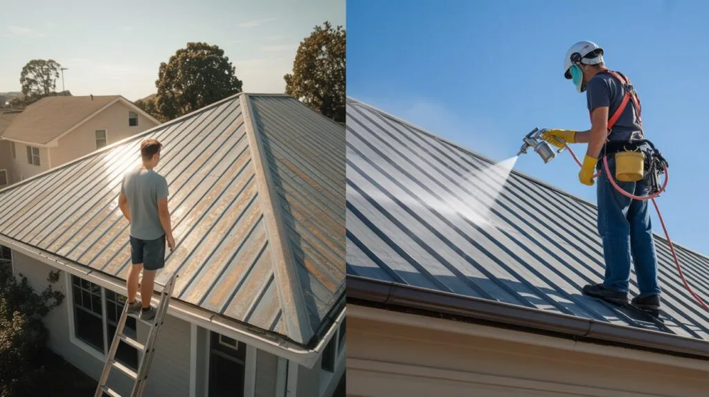 Split-screen image: left shows a homeowner on a ladder assessing a faded metal roof; right shows a professional painter in safety gear spraying the same roof with proper equipment. Illustrates DIY vs. professional metal roof painting options.