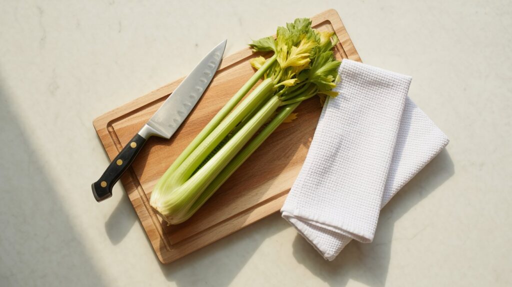 A bunch of fresh celery on a wooden cutting board with a chef's knife and kitchen towel, ready for prep.