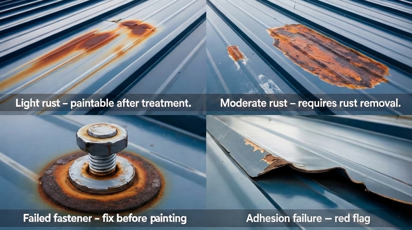 Close-up labeled diagram of a metal roof panel showing four common issues: light
surface rust, moderate rust with pitting, failed fastener with rust halo, and
peeling old paint. Each issue is labeled with severity and painting readiness.