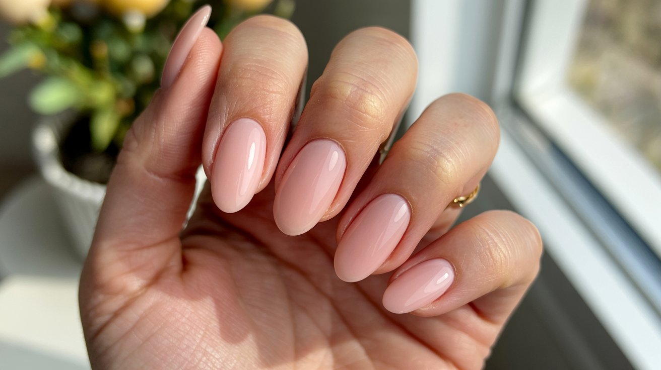 Soft rose pink glossy almond birthday nails in natural light.