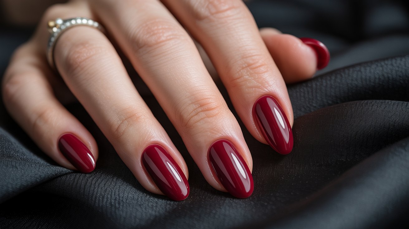 Deep ruby red glossy almond birthday nails photographed indoors.