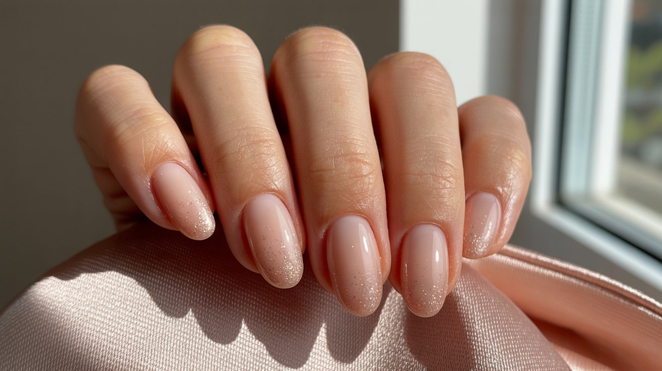 Nude to blush ombré birthday nails with soft shimmer for 30th celebration.