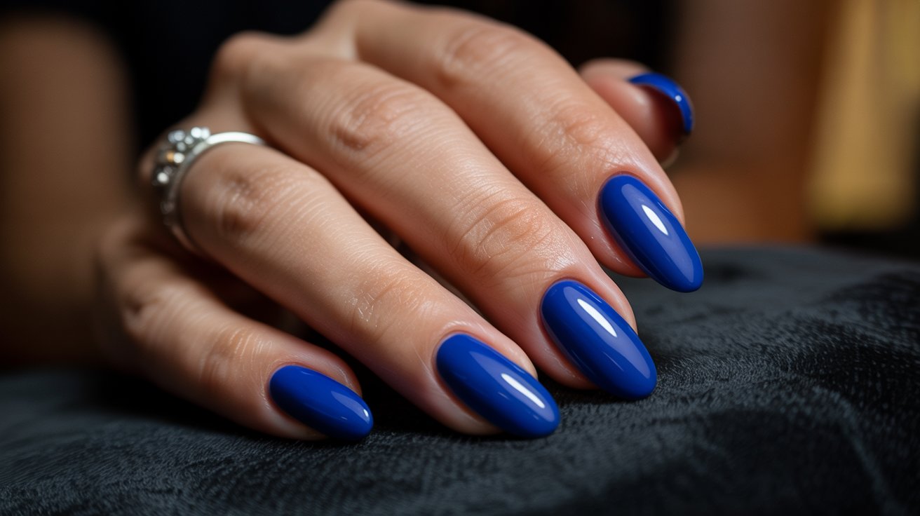 Sapphire blue glossy almond birthday nails in evening lighting.