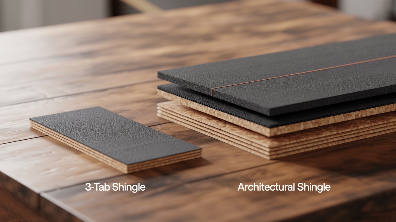Side-by-side cross-section illustration showing the physical thickness difference between a thin 3-tab shingle and a laminated architectural shingle.