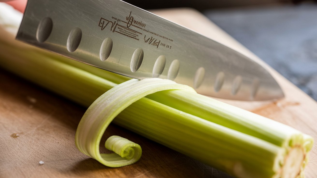 Chef's knife shaving paper-thin lengthwise slices from a celery rib on a wooden board showing the knife technique for shaved celery without a mandoline.
