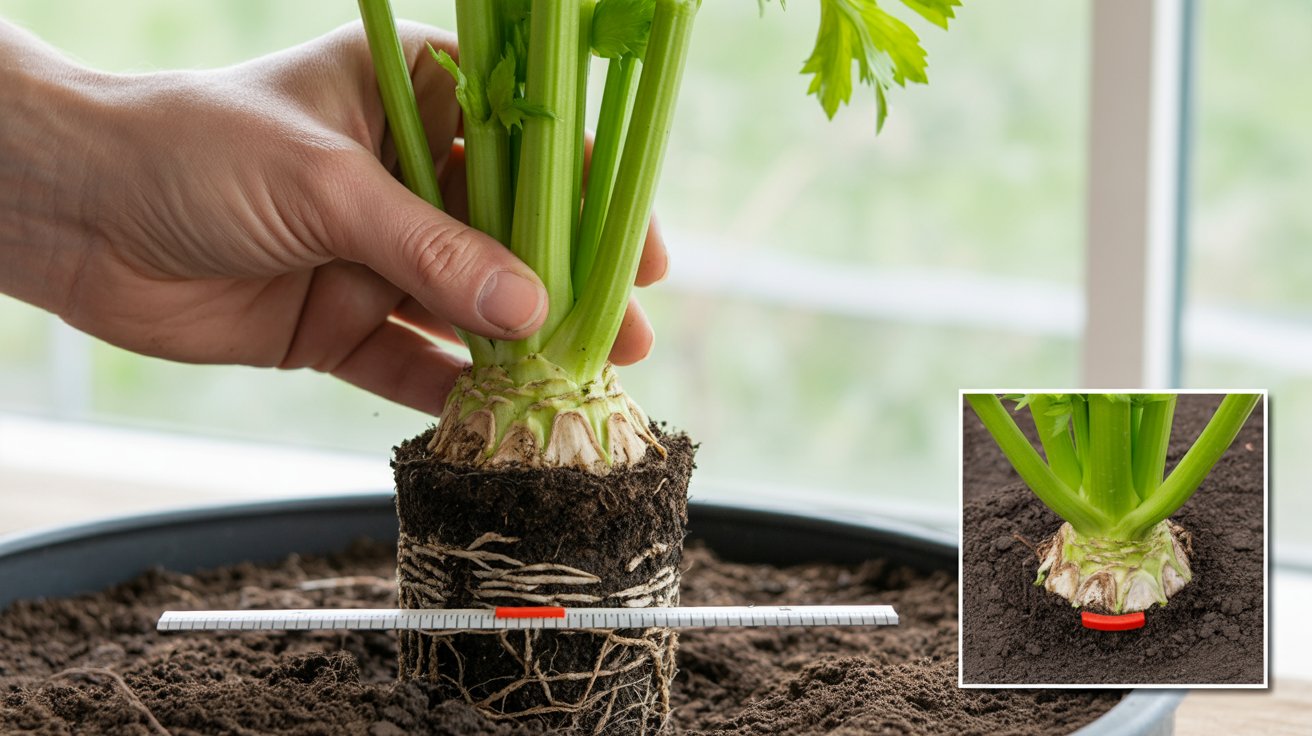 Close-up of a celery plant being transplanted into a container showing the crown positioned correctly at soil level with a visual marker and an inset showing the incorrect buried crown position.