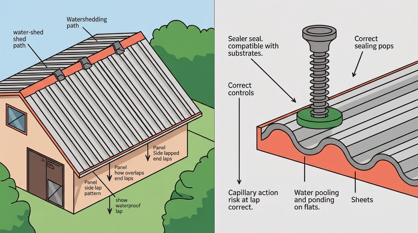 Two-panel diagram showing correct fastener rows and high-risk lap areas on corrugated metal roofing, plus a cross-section of sealing vs leaking.