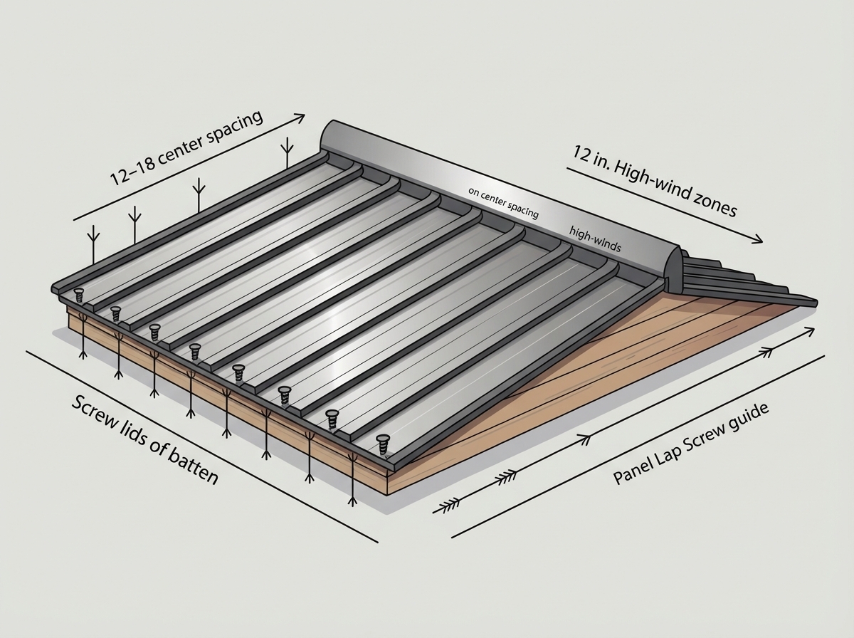 Illustration showing standard 12 to 18 inch on-center screw spacing for metal roof panels.