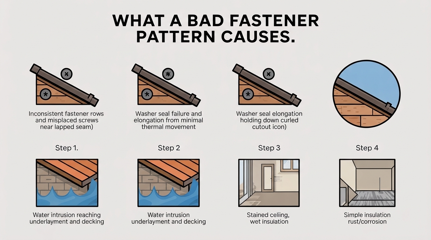 Four-step infographic showing how poor screw pattern leads to seal failure, water intrusion, and interior damage over time.