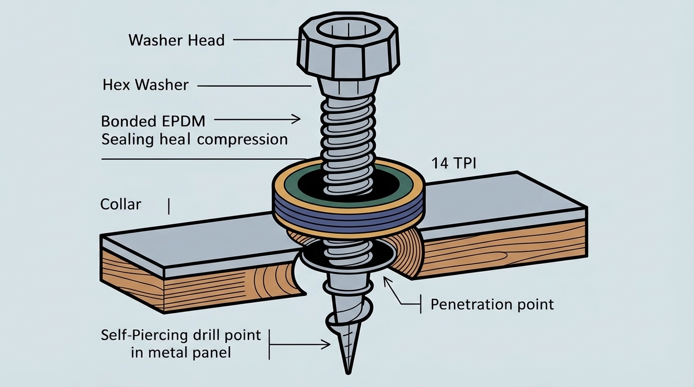Metal roofing screw anatomy: labeled hex head, bonded sealing washer, shank diameter, 14 TPI threads, and self-piercing drill point with cross-section showing washer compression and penetration seal.