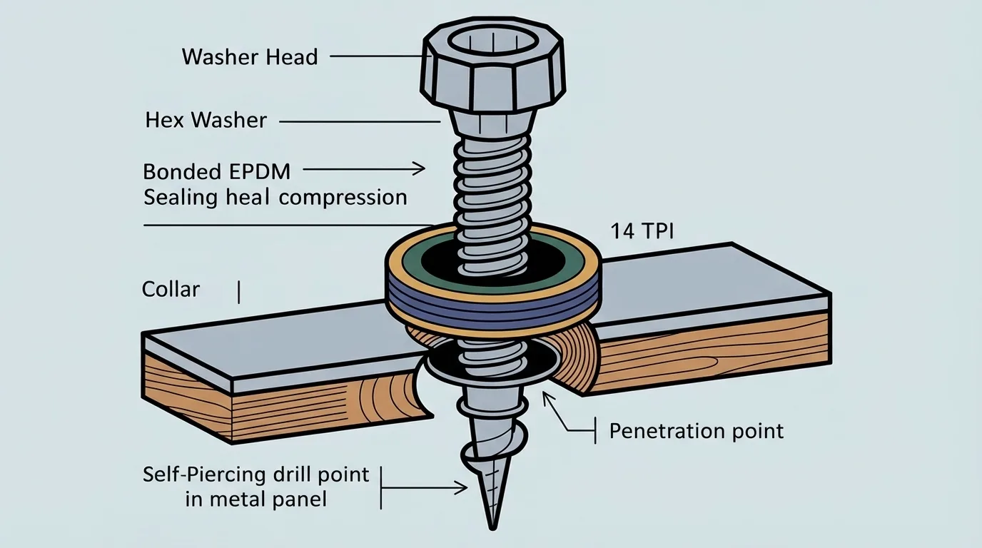 Metal roofing screw anatomy: labeled hex head, bonded sealing washer, shank diameter, 14 TPI threads, and self-piercing drill point with cross-section showing washer compression and penetration seal.