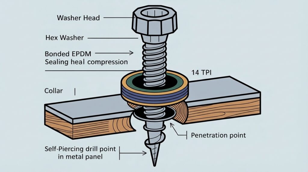 Metal roofing screw anatomy: labeled hex head, bonded sealing washer, shank diameter, 14 TPI threads, and self-piercing drill point with cross-section showing washer compression and penetration seal.