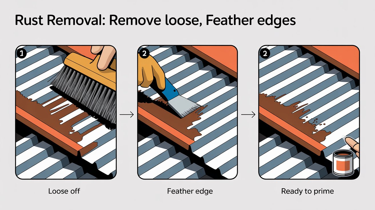 Three-panel diagram showing metal roof rust prep: remove loose rust, sand to feather edges, then clean and prime the area.