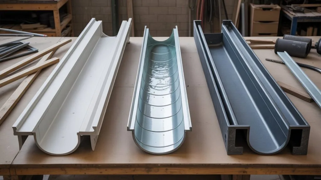 Three gutter profile samples on a workbench—K-style, half-round, and box—shown from above so the shapes and differences are easy to compare.