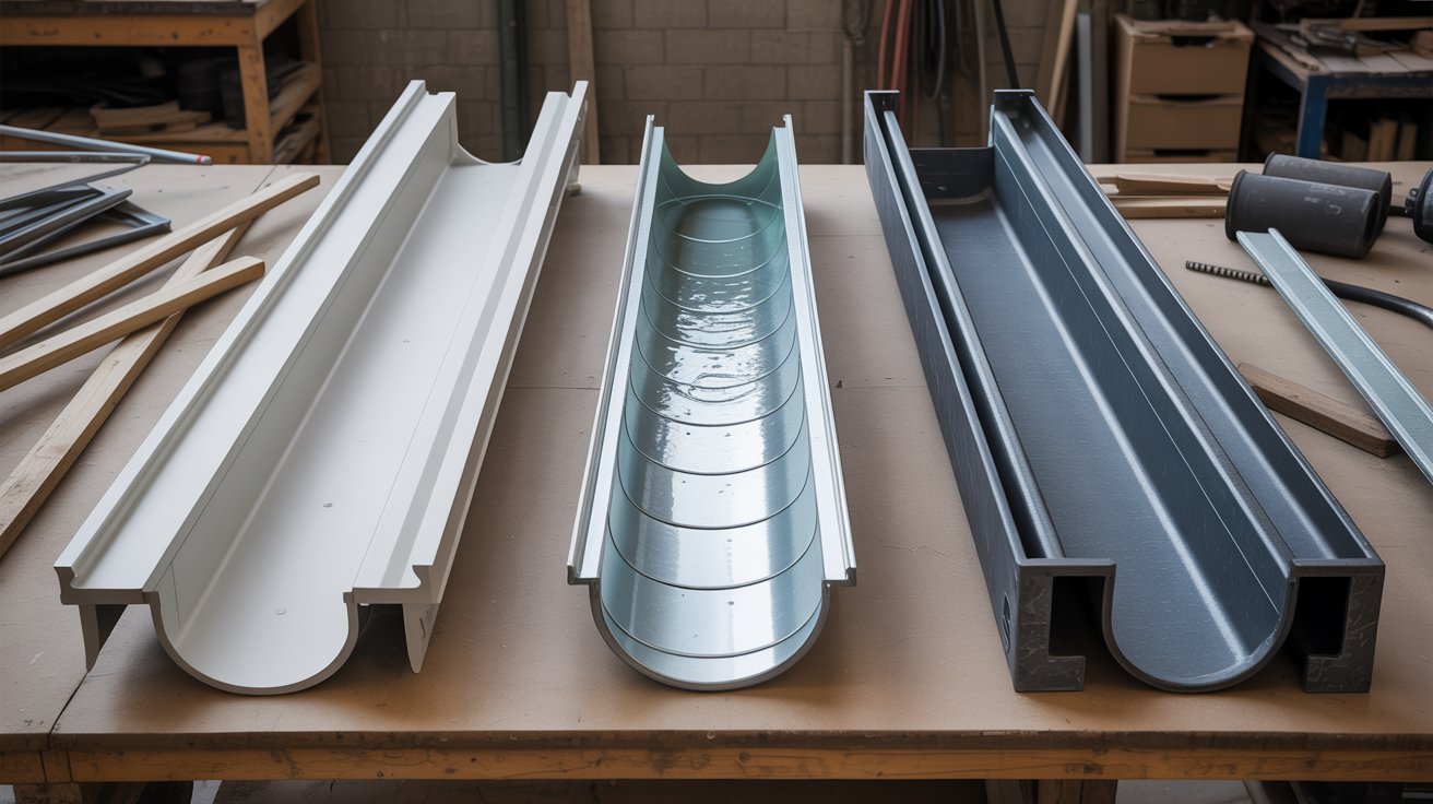 Three gutter profile samples on a workbench—K-style, half-round, and box—shown from above so the shapes and differences are easy to compare.