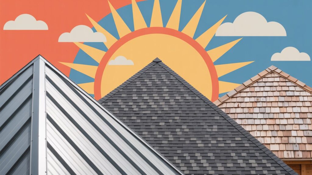 Featured image showcasing metal roofs, asphalt shingles, and cedar shake roofs in a hot climate setting, highlighting the durability and aesthetic differences among roofing options.