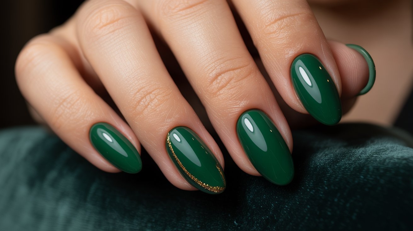 Emerald green glossy almond birthday nails with subtle gold line detail.