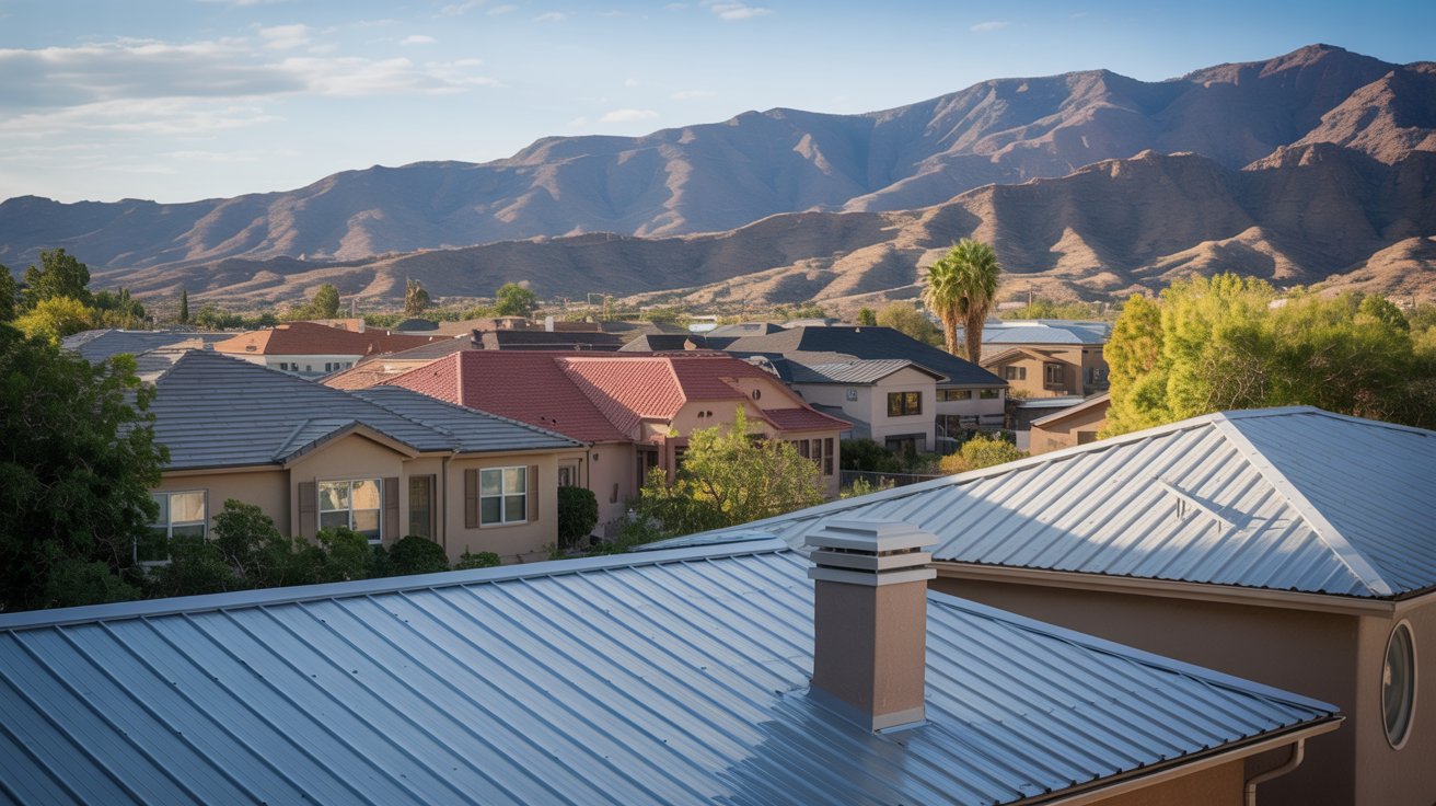 Aerial view of Arizona rooftops illustrating the effectiveness of metal roofs in reflecting sunlight, highlighting their energy efficiency in reducing cooling costs in a hot climate.