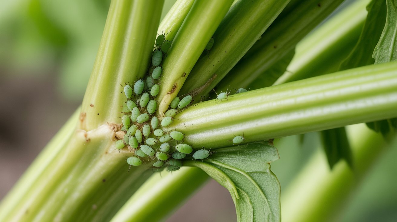 Extreme close-up of the underside of a celery leaf showing a cluster of green aphids at a stem junction with visible leaf curling and distortion caused by the infestation.