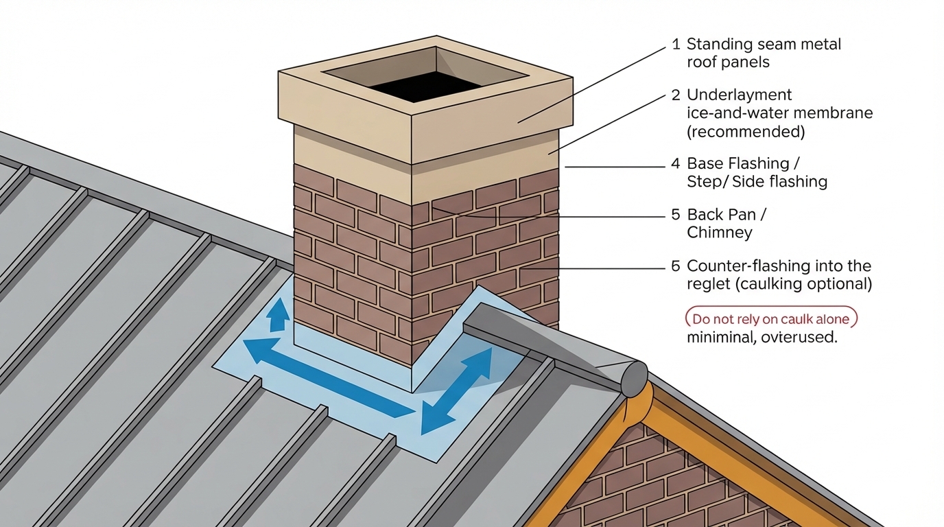 Metal roof around chimney cross-section showing underlayment, base flashing, back pan, cricket, and counter-flashing with water flow arrows