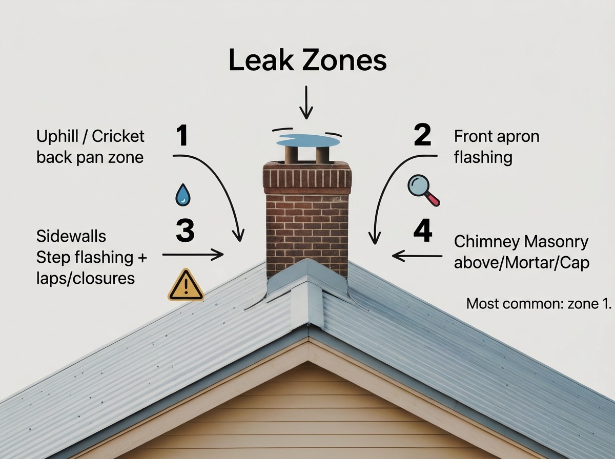 Diagram of metal roof and chimney highlighting four common leak entry zones: uphill, sides, downhill apron, and masonry